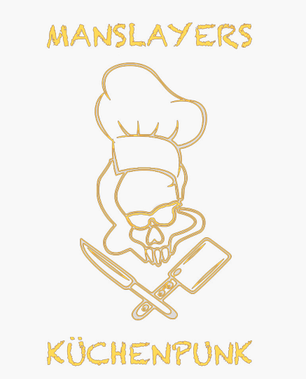 Manslayers Küchenpunk — Logo mit Totenkopf, Kochmütze, Messer und Hackbeil